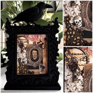 POE ART Hand Crafted 8”x5” Black Raven frame Artistic collage